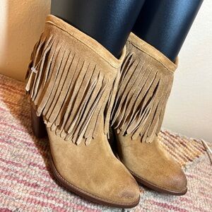 Frye Tan Fringe Suede Ankle Booties